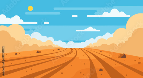 Minimalist vector illustration of a hot desert landscape with a dirt road and tire tracks stretching to the horizon under a sunny blue sky with clouds
