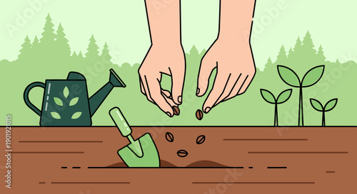 Hands carefully planting seeds into fertile soil with a trowel and watering can nearby, illustrating the concept of growth, gardening, and new life in a clean line art style