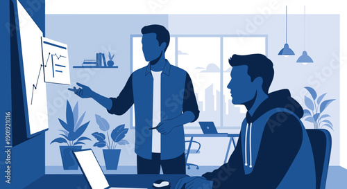 Business professional presenting a growth chart on a large screen to a colleague in a modern office, a flat vector illustration showing teamwork and data analysis