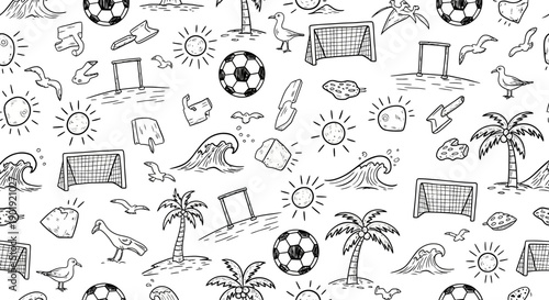 Creative Soccer-themed Doodle Patterns Featuring Palm Trees, Waves, and Sunshine in a Beach Environment