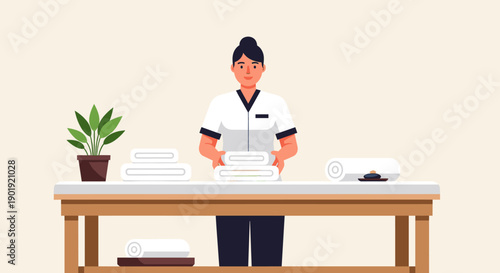 Smiling female massage therapist in uniform stands behind a wooden table preparing fresh white towels for a spa treatment session in a wellness center