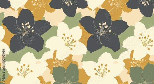 Seamless floral pattern with stylized flowers in muted earthy tones of grey, green, and yellow, creating an elegant and modern botanical background for design projects