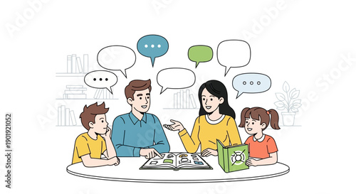Cartoon Illustration of Family Reading a Book with Speech Bubbles Illustration