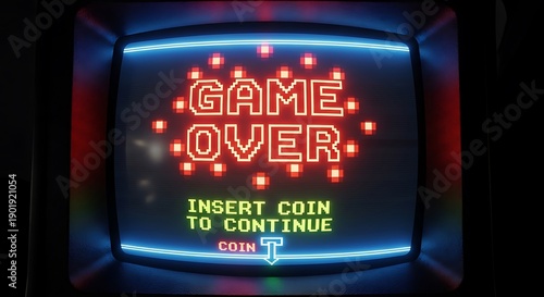 Retro Arcade Game Over Screen with Neon Lights and Text.