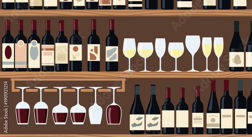 Rows of red and white wine bottles and glasses displayed on wooden shelves of a bar or cellar, a flat design vector illustration background