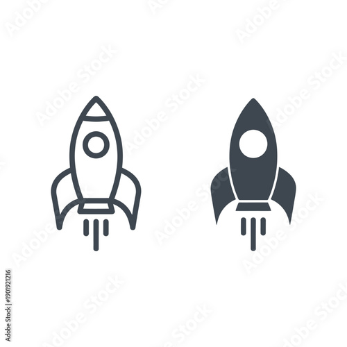 Rocket launch icons in outline and solid flat style representing start up business growth innovation and space exploration concept