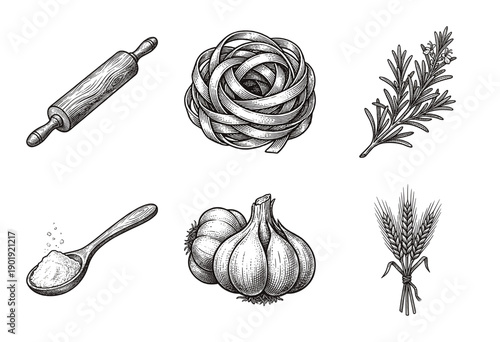 Vintage hand drawn culinary set featuring pasta nest, garlic bulbs, rosemary sprig, rolling pin, wheat stalks, and flour on a wooden spoon.