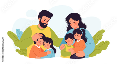 Cheerful Flat Illustration of Happy Family Hugging Each Other with Love