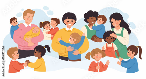 Cheerful Flat Illustration Diverse Family and Children Hugging Each Other
