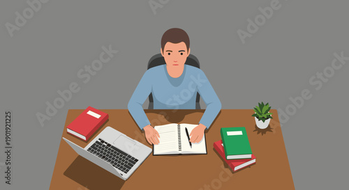 Focused young man studying at his desk with a laptop, books, and a notebook, a minimalist vector illustration of a student doing homework or working from home