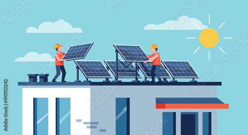 Two workers in hard hats installing solar panels on a building rooftop, a flat vector illustration concept of renewable green energy and sustainable technology