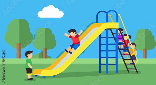 Children playing on a yellow playground slide in a park on a sunny day, a cheerful flat design vector illustration depicting friendship, fun, and happy childhood