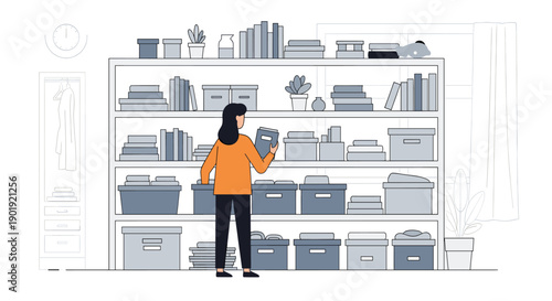 Woman in an orange sweater seen from behind organizes books and boxes on a large shelving unit, illustrating home storage and decluttering in a minimalist line art style