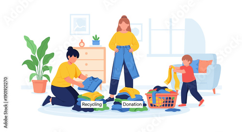 Family sorting used clothes into piles for donation and recycling, a flat vector illustration concept for sustainability, charity, and decluttering at home