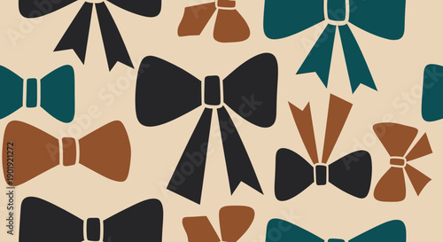 Seamless pattern of stylized graphic bows and bowties in a retro color palette of black, teal, and brown on a beige background, creating a simple and elegant design