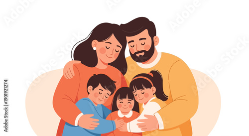 Modern Flat Illustration of a Loving Family Hugging Moment with Parents and Child, Symbolizing Strong Family Bond