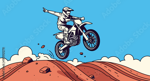 Motocross racer on a white dirt bike performs a high jump stunt in mid-air, pointing ahead over a rugged off-road course under a blue sky