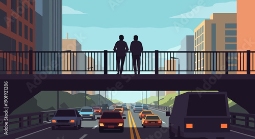 Two silhouetted men standing on a bridge overlooking busy highway traffic in a modern cityscape illustration with tall buildings and a clear sky