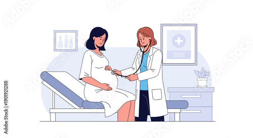 Female doctor examining a pregnant woman's belly with a stethoscope during a prenatal appointment in a modern clinic office vector illustration