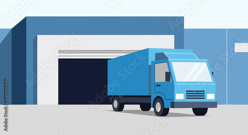 Blue commercial delivery truck parked at a warehouse loading dock with an open bay door, a clean vector illustration symbolizing freight and transportation services