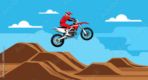 Motocross rider in a red suit jumping high in the air on a dirt bike over brown mounds on an off-road track under a blue sky, flat vector illustration