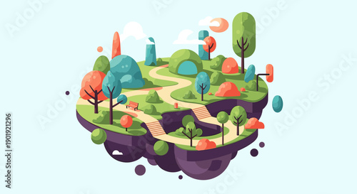 Stylized cartoon floating island with a park, colorful trees, a winding path, and a bench in a peaceful fantasy landscape illustration isolated on a light blue background
