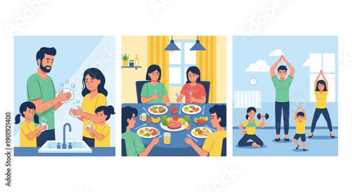 Illustrated Family Healthy Lifestyle Hygiene Eating Exercise Indoor Activity Set