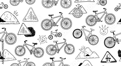 Bicycle Adventure Patterns, Outdoor Fun, Creative Illustrations, Nature-Inspired, Playful Environment