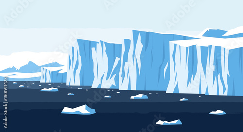 Vast arctic landscape with massive blue glaciers and floating icebergs in dark polar ocean waters under a pale sky, a flat vector illustration