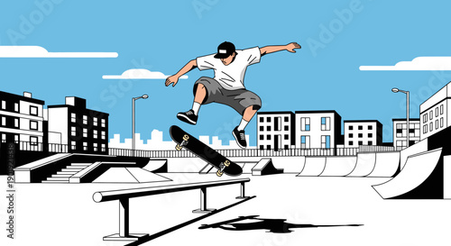 Young male skateboarder in mid-air performing a flip trick over a rail in an urban skatepark with a city skyline, graphic vector illustration style
