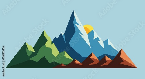 Minimalist geometric mountain range vector illustration with colorful sharp peaks and a rising sun, created in a modern flat design style on a simple blue background