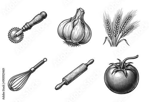 Vintage hand drawn engraving of kitchen utensils and fresh ingredients for baking and cooking.