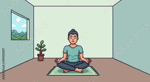 Pixel art illustration of a person meditating in a lotus pose on a yoga mat inside a peaceful room with a window view of a sunny landscape