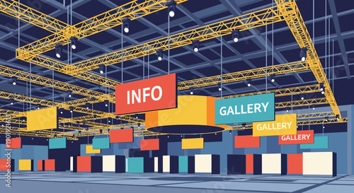 Modern exhibition hall with colorful booths, hanging signs, and a complex yellow truss ceiling structure with spotlights, depicted in a flat vector illustration style