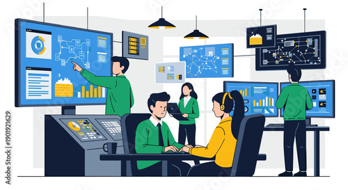 Team of data analysts working collaboratively in a high-tech control center, monitoring complex information on large digital dashboards with charts and graphs
