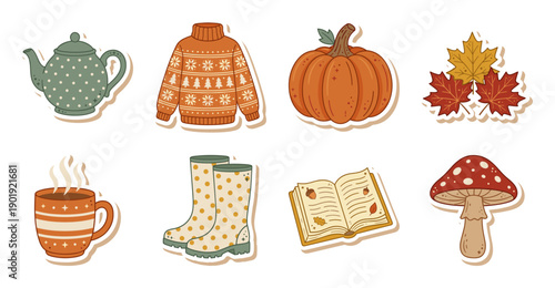 Cozy Autumn Sticker Set, Flat Vector Illustration