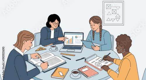 Four diverse professional women collaborating in a business meeting, analyzing data charts on a laptop and writing in notebooks around a shared table
