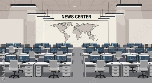 Empty modern news center office interior with rows of computer workstations showing data charts and a large world map on the wall in a flat vector illustration style