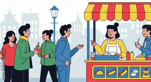 Colorful street food stall with a female vendor serving happy, diverse customers eating dumplings and ordering takeout in a bustling urban market