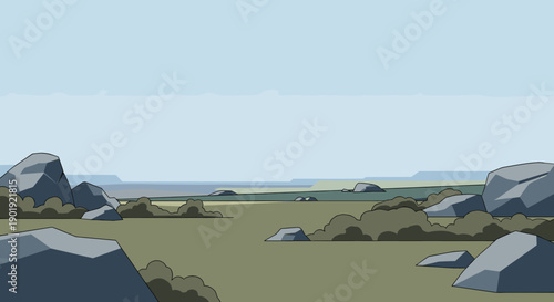 Rocky desert landscape cartoon illustration with large grey boulders, sparse bushes, and a distant horizon under a clear pale blue sky in a minimalist flat style