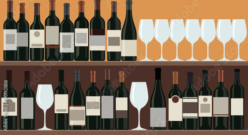 Many wine bottles with blank labels and empty glasses are arranged on two wooden shelves in a bar or cellar, a flat vector illustration with a warm orange background