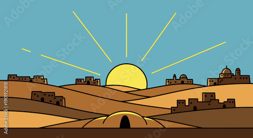 Ancient desert village with traditional mudbrick houses nestled among rolling brown hills under a bright rising sun with golden rays against a clear blue sky