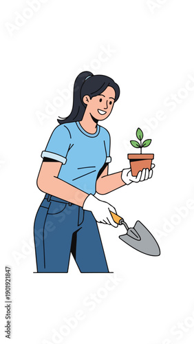 A cartoon woman holding a plant and a shovel