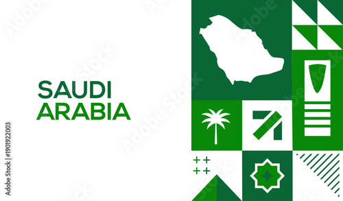 Saudi Arabia Country Map with Modern Green Geometric Shapes and Cultural Icons. Vector template