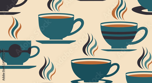 Seamless pattern of retro coffee cups and saucers with stylized steam, illustrated in a vintage mid-century modern style with a muted color palette on a light background