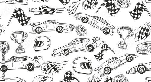 Cars, Checkered Flags, Trophies, and Helmets - Fun Illustration for Sports Enthusiasts