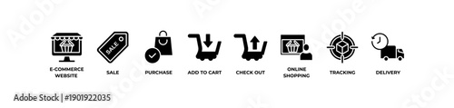 Minimalist e-commerce banner featuring a complete online shopping process with clean line icons, including website, sale, purchase, add to cart, checkout, order tracking, and delivery. Modern black an