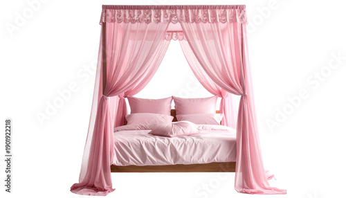 Four-poster bed with sheer pink curtains and pillows