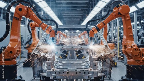Future of manufacturing: Orange robotic arms work on a bare metal car chassis moving down the automated assembly line. Ideal for technology and engineering concepts.