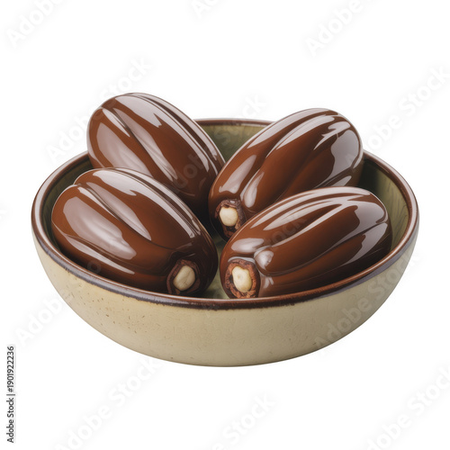 Four shiny seed-shaped chocolate candies in a ceramic bowl, isolated on transparent background